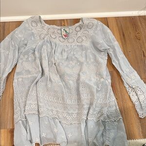 Johnny Was Light Blue Embroidered Blouse
